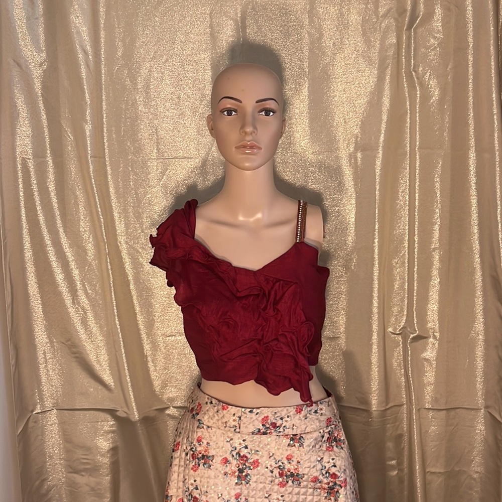 Red and Gold Lengha with a ruffle top